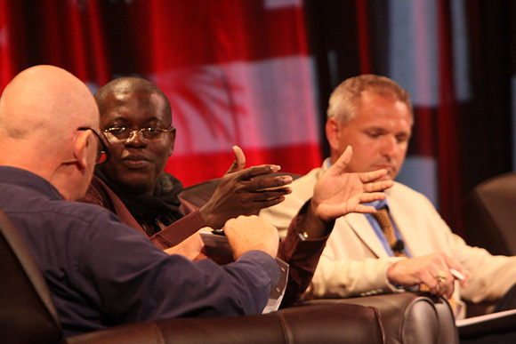 "HOTSPOTS I: Five Personal Views of the Future": (L-R) Moderator Steve Evans, Business Daily presenter, BBC World Service; Bright Simons, mPedigree Network, IMANI-Ghana; and Troy Cross, Vlingo